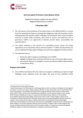 Anti-Corruption Priorities in Sub-Saharan Africa – Global Civil Society Coalition for the UNCAC Regional Submission to CoSP11