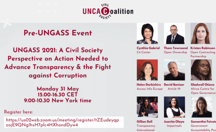 *** Briefing: 31 May, 15:00 CET / 9:00 am New York*** – UNGASS 2021: A Civil Society Perspective on Action Needed to Advance Transparency and the Fight against Corruption.
