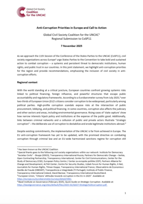 Anti-Corruption Priorities in Europe and Call to Action – Global Civil Society Coalition for the UNCAC Regional Submission to CoSP11