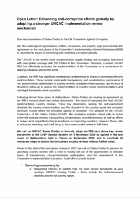 Open Letter: Enhancing anti-corruption efforts globally by adopting a stronger UNCAC implementation review mechanism 